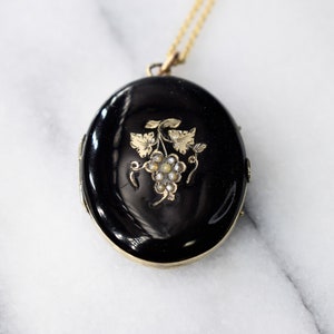 Antique 14k Gold Grape Locket with Enamel and Seed Peals c.1880s