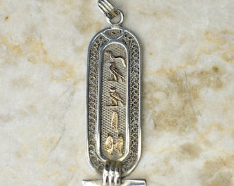 Large Vintage Sterling Silver and 18k Gold Hieroglyphs Cartouche Pendant Necklace c.1970s