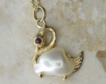 Vintage 14k Gold and Baroque Pearl Swan Charm Necklace c.1970s