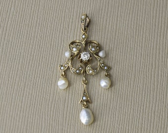 Antique Edwardian 14k Gold Diamond and Baroque Pearl Lavaliere Necklace c.1910