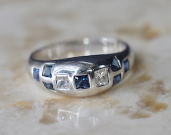 Vintage 14k White Gold Ring with Princess Cut Diamonds and Sapphire