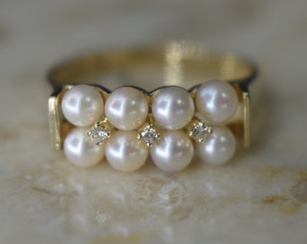 Vintage 14k Gold Ring with Pearls and Diamonds c.1980s