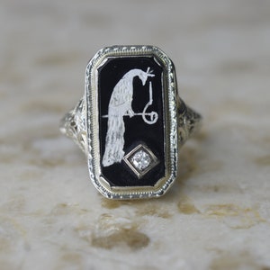 Antiker Art Deco Pfau Ring 14k Weißgold mit Diamant