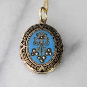 Antique Victorian 14k Gold Enamel and Seed Pearl Locket