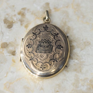 Antique Victorian 14k Gold Locket with Enamel Crown on Book