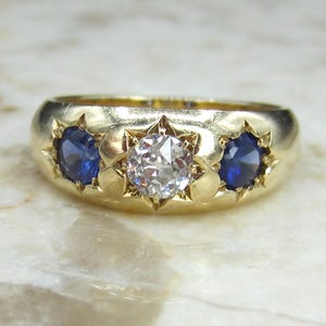 Antique 18k Gold Star Set Old Mine Cut Diamond and Sapphire Ring c.1890s