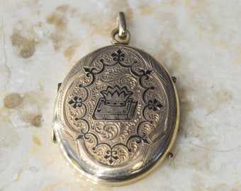 Antique Victorian 14k Gold Locket with Enamel Crown on Book