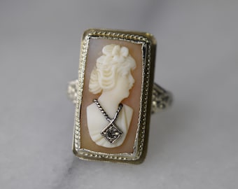 Antique Art Deco 14k White Gold Cameo Ring with Diamond