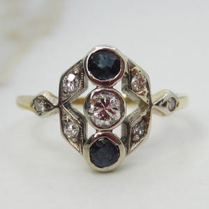 Art Deco 14k Gold Ring with Natural Sapphires and Diamonds c.1920s