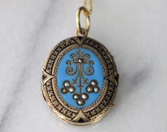 Antique Victorian 14k Gold Enamel and Seed Pearl Locket