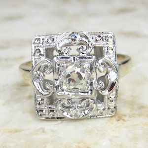 Antique Art Deco Square Set Old Mine Cut Diamond Ring c.1930