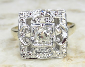 Art Deco Square Set Old Mine Cut Diamond Ring c.1930