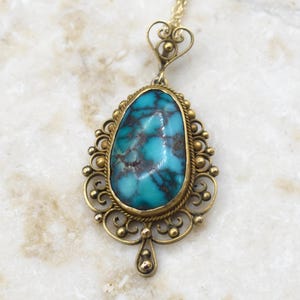 Antique 14k Gold Filigree Turquoise Nugget Pendant Necklace