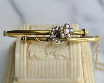 Antique Edwardian 14k Gold Hinged Bangle Bracelet with Pearl Flower