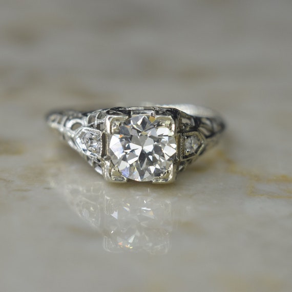 Antique Art Deco 18k White Gold Engagement Ring wi