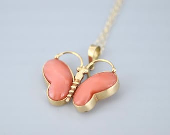 Vintage Butterfly Charm 14k Gold and Coral