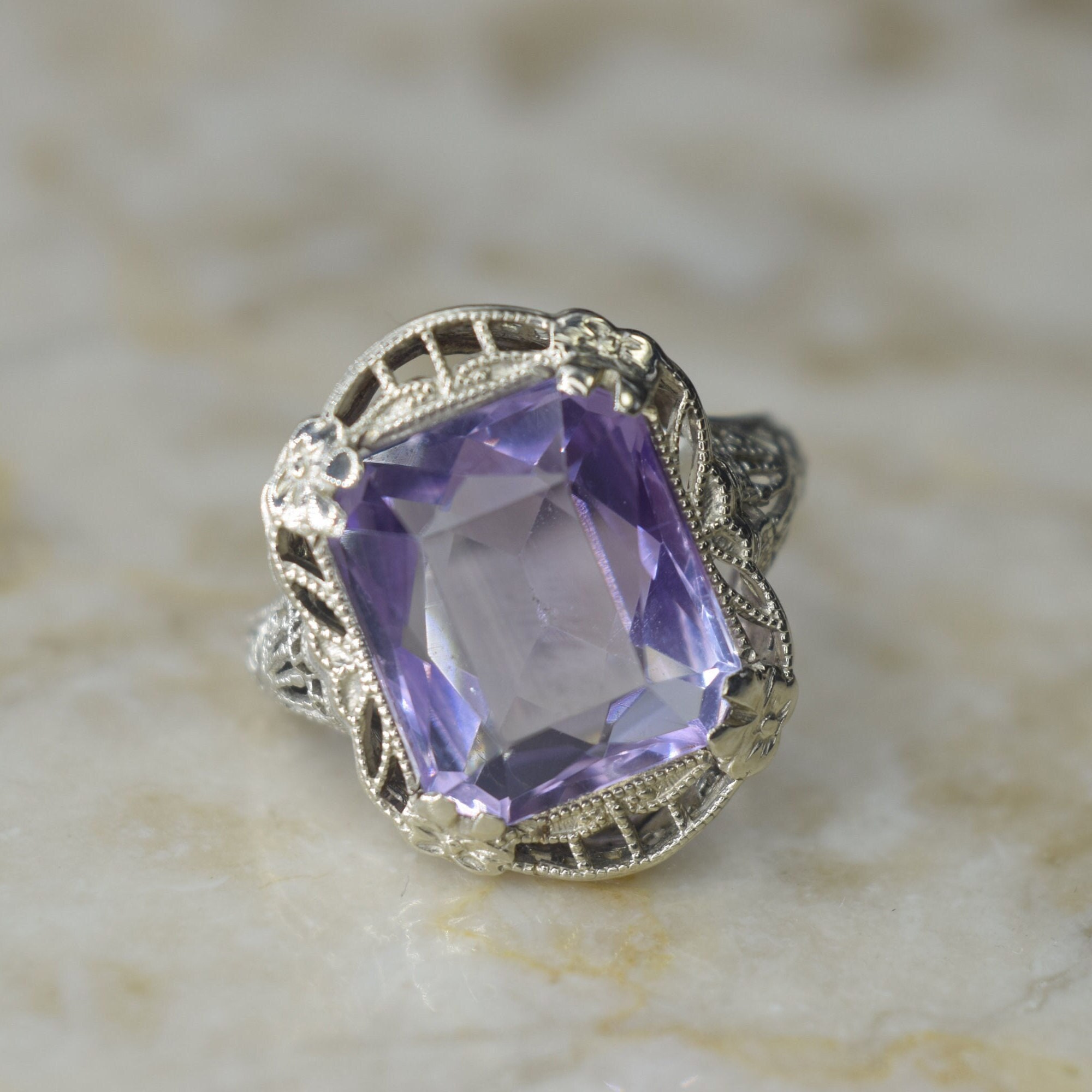 Bague Argent 835 Style Art Déco Avec Améthyste Naturelle 9.50 Ct - Taille 57.5 - Occasion