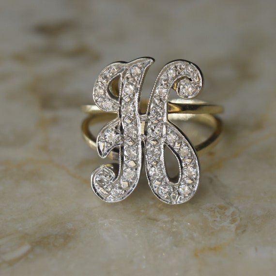 Vintage 14k Gold and Diamond H Monogram Ring c.19… - image 1