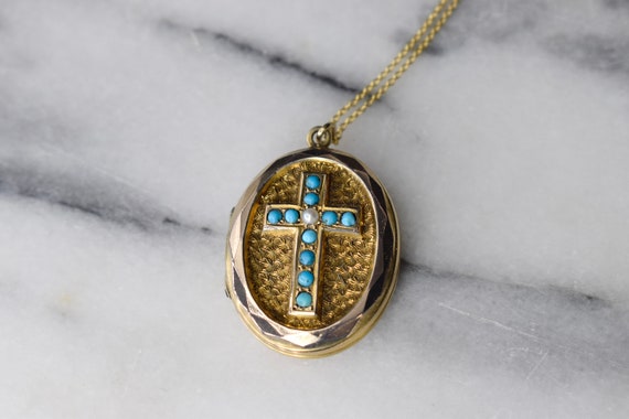 Antique 10k Gold Locket with Turquoise and Pearl … - image 3