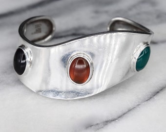 Vintage Mexican Sterling Silver Cuff Bracelet with Onyx, Green Onyx, and Chrysoprase