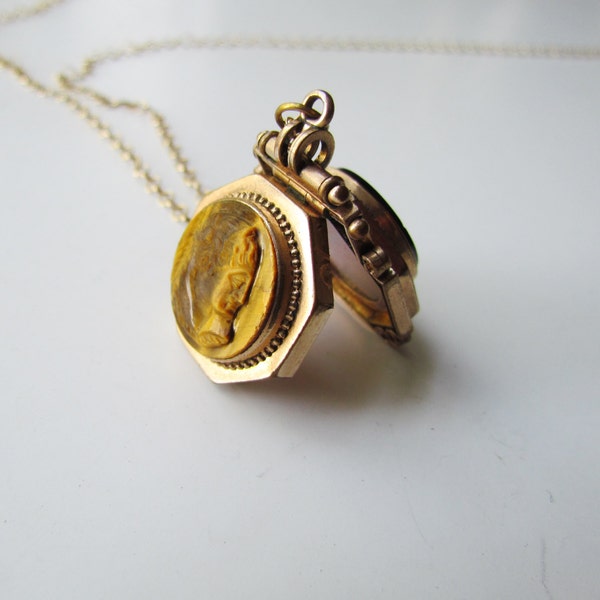 Antique Victorian Locket With Carved Tiger Eye Cameo c.1860s