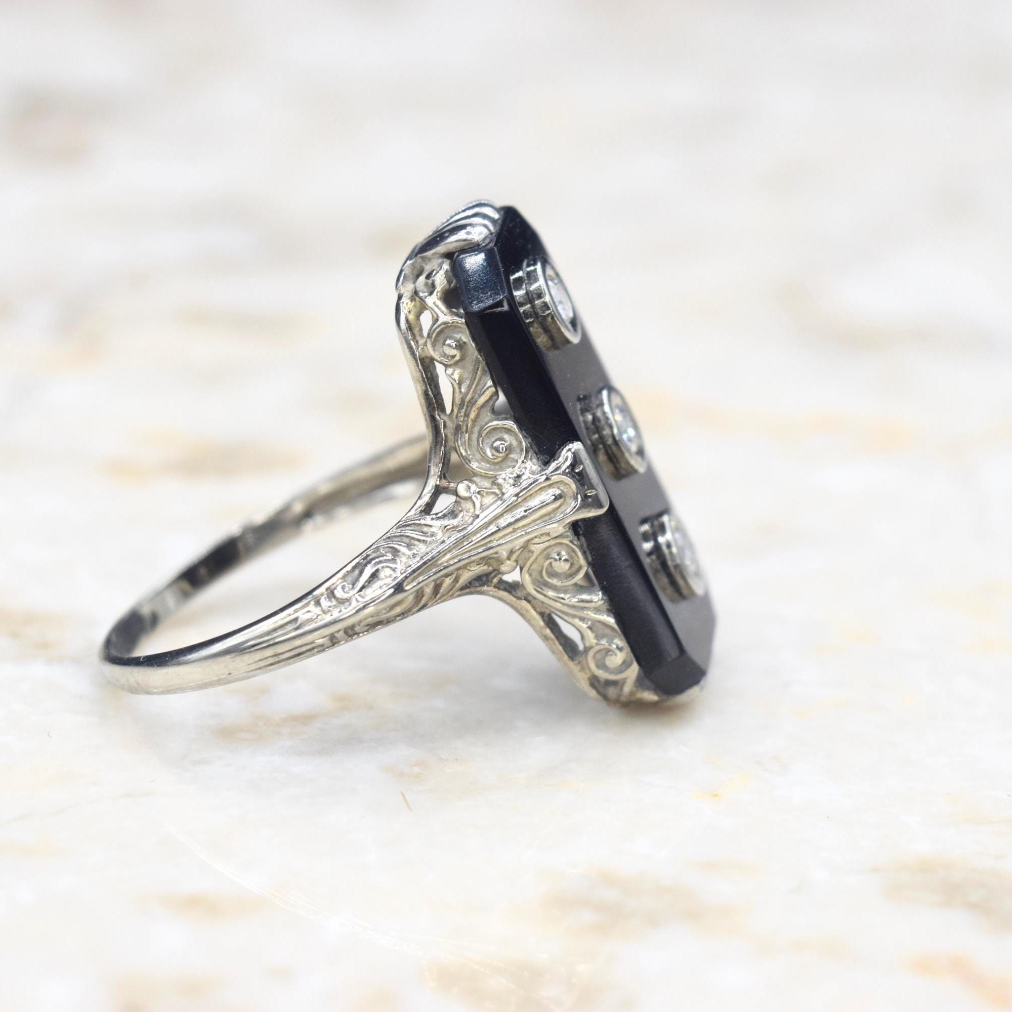 Antique Art Deco 14k White Gold Onyx Three Diamond Ring C