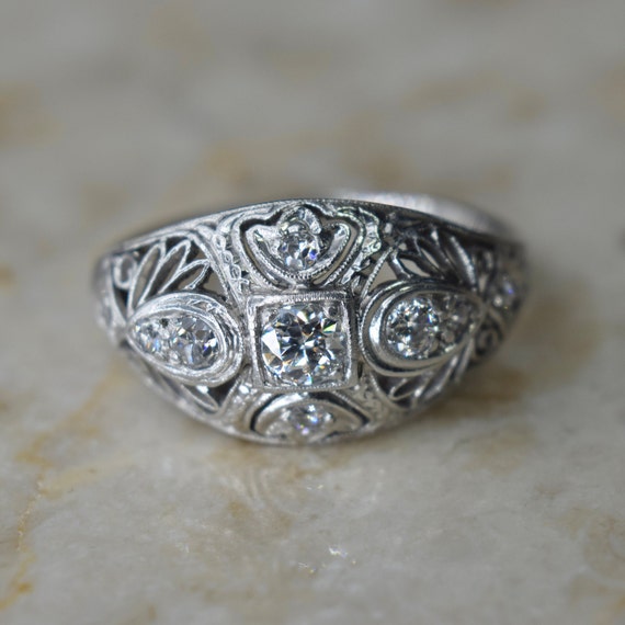 Antique Platinum and Diamond Filigree Ring c.1920s - image 6