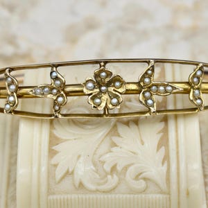 Antique Edwardian 14k Gold Seed Pearl Hinged Bangle Bracelet