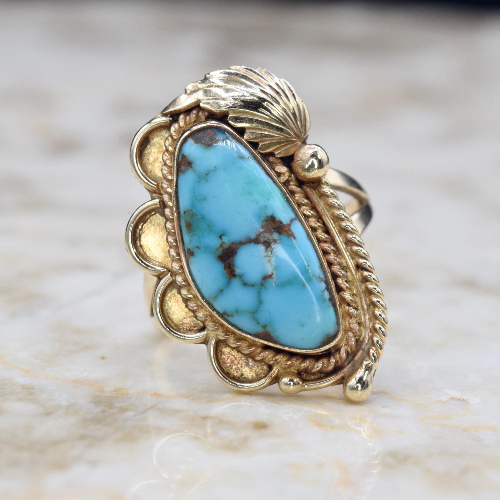 Solid 14k Gold Vintage Native American Navajo Turquoise Ring Old Solid 14k Gold Vintage Native American Navajo Turquoise Ring Old