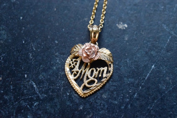 Vintage 14k Gold #1 Mom Heart Charm With Pink Rose - image 1