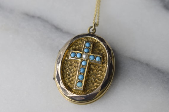 Antique 10k Gold Locket with Turquoise and Pearl … - image 4
