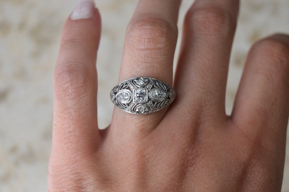 Antique Platinum and Diamond Filigree Ring c.1920s - image 2