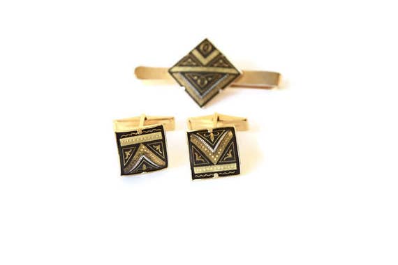 Vintage Damascene Money Clip and Cuff Link Gift S… - image 2