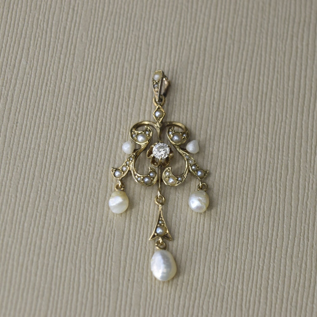 Pendentif Lavallière Art Nouveau En Or 14K Avec Diamant Et Perle - Vintage Vers 1900, Occasion