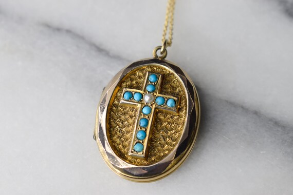 Antique 10k Gold Locket with Turquoise and Pearl … - image 5
