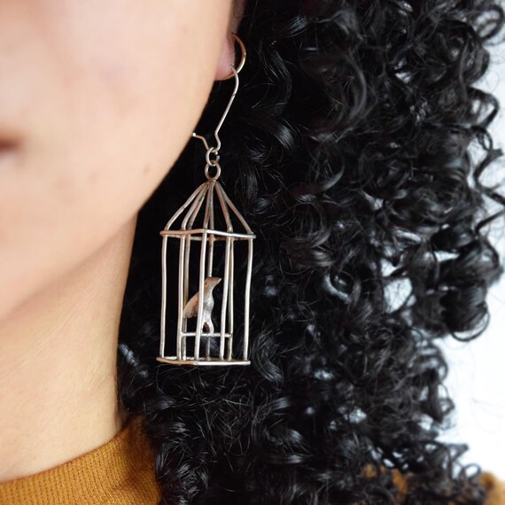 Vintage Sterling Silver Bird Cage Earrings
