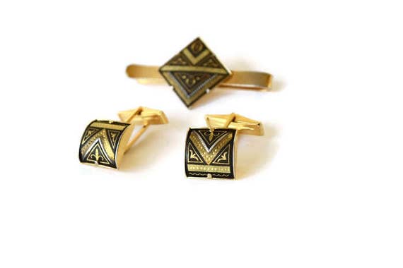 Vintage Damascene Money Clip and Cuff Link Gift S… - image 1