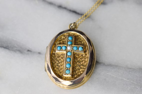 Antique 10k Gold Locket with Turquoise and Pearl … - image 2