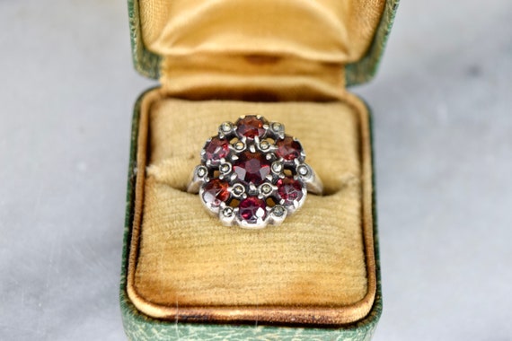 Antique Garnet And Marcasite Silver Ring c.1920s - image 1