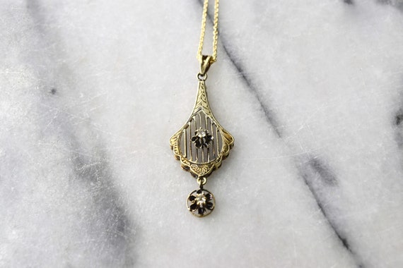 Antique 14k Gold Lavaliere with Old Mine Cut Diam… - image 1