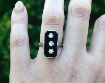 Original Art Deco 14K Gold, Double Diamond and Black Onyx