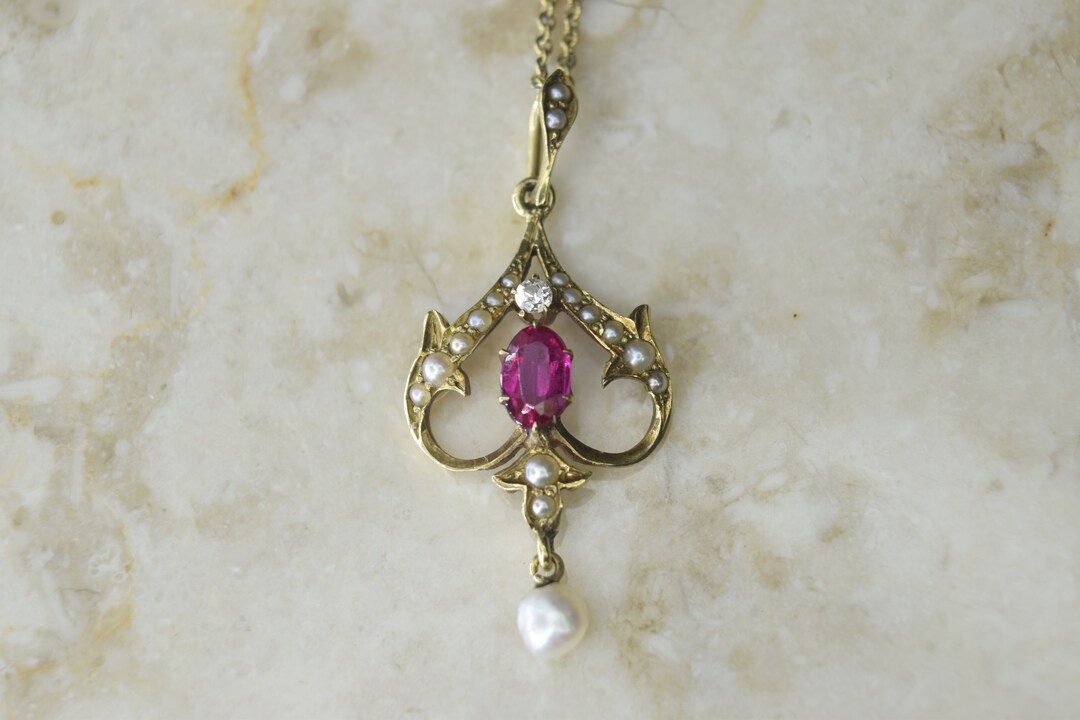 Antique Edwardian 14k Gold Ruby, Diamond, and Seed Pearl Lavaliere ...