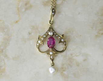 Antique Edwardian 14k Gold Ruby Diamond  and Seed Pearl Lavaliere Charm c.1901