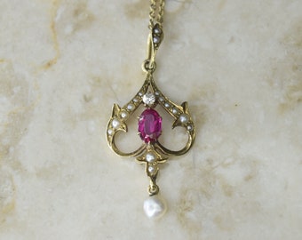 Antique Edwardian 14k Gold Ruby, Diamond, and Seed Pearl Lavaliere Charm c.1901