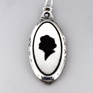 Antique Art Deco Sterling Silver Locket With Enameled Woman’s Profile