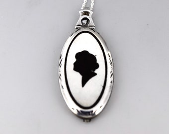 Antique Art Deco Sterling Silver Locket With Enameled Woman’s Profile