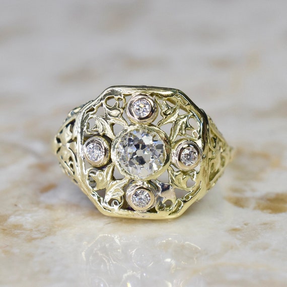 Antique 18k Gold Filigree Ring with .71 TCW Old Mi