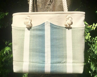 Summer tote bag aqua and cream, beach bag, summer holiday bag, beach tote, bag for holidays, rope handles tote bag