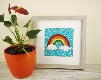 Rainbow Picture, Framed Textile Freestanding or Wall Decor Appliqué of Rainbow and Clouds, Free Motion Embroidery Rain Raindrops Home Decor