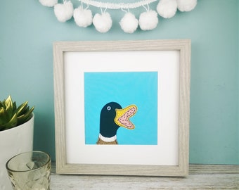 Mallard Duck Picture, Framed Textile Freestanding or Wall Decor Appliqué of Quacking Duck, Free Motion Embroidery Male Duck Home Decor